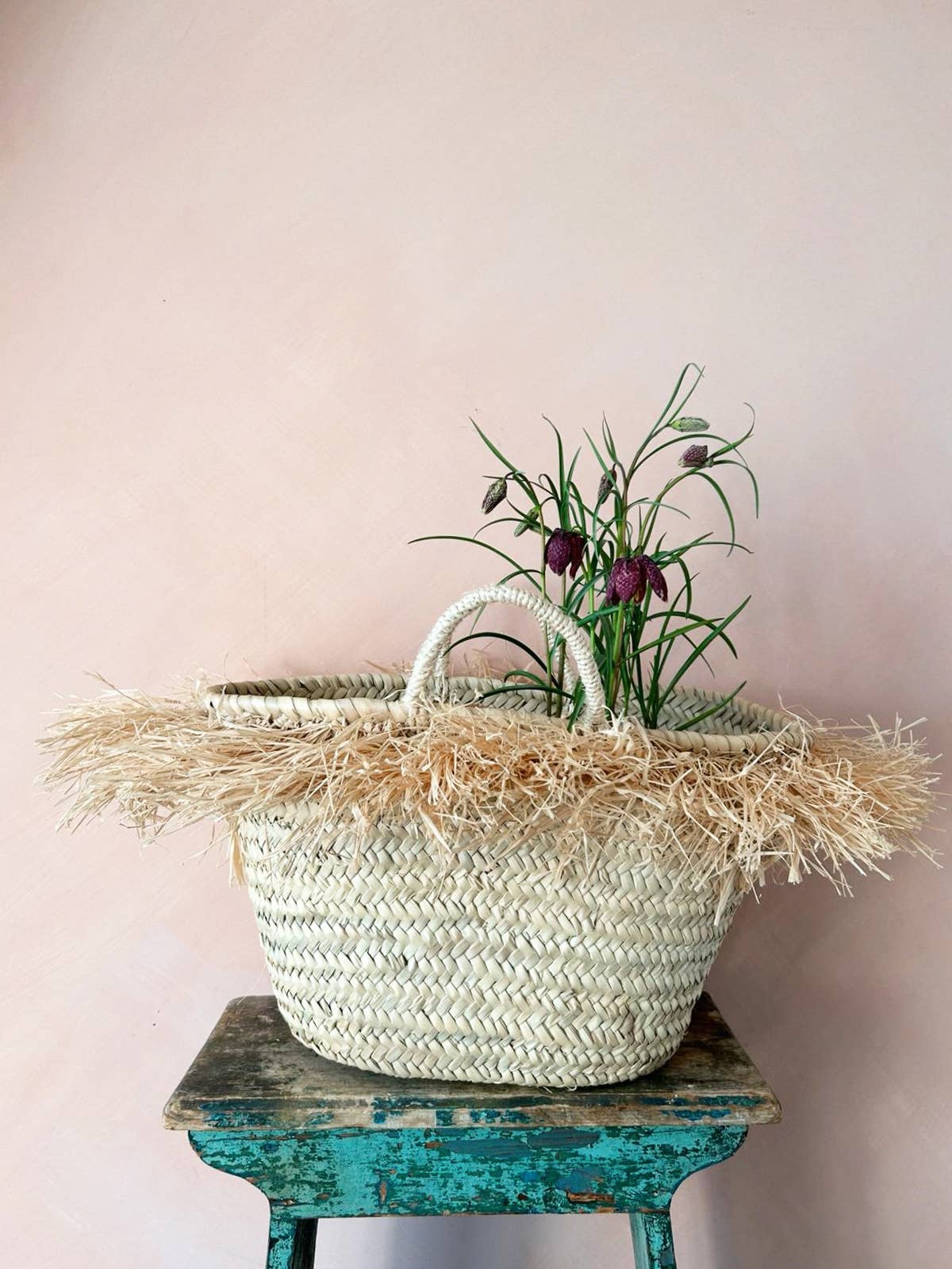 Large French Market Basket with Raffia Trim : Natural