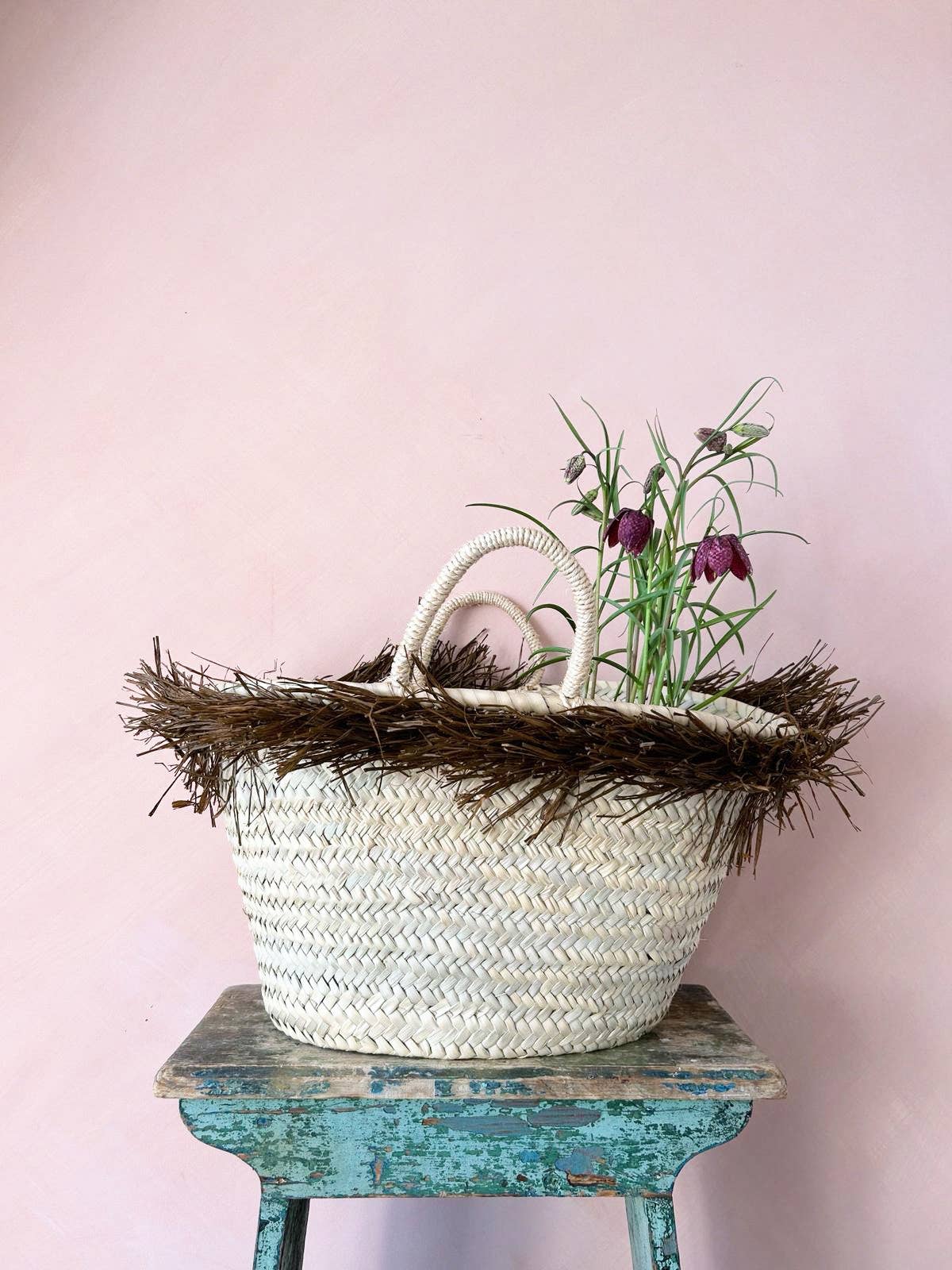 Medium French Market Basket with Raffia Trim : Chocolate