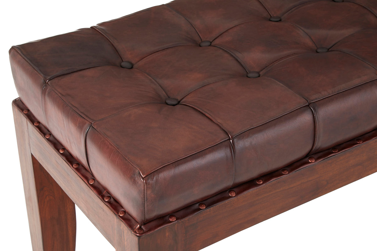 Coln Antique Brown Leather Stitched Bench