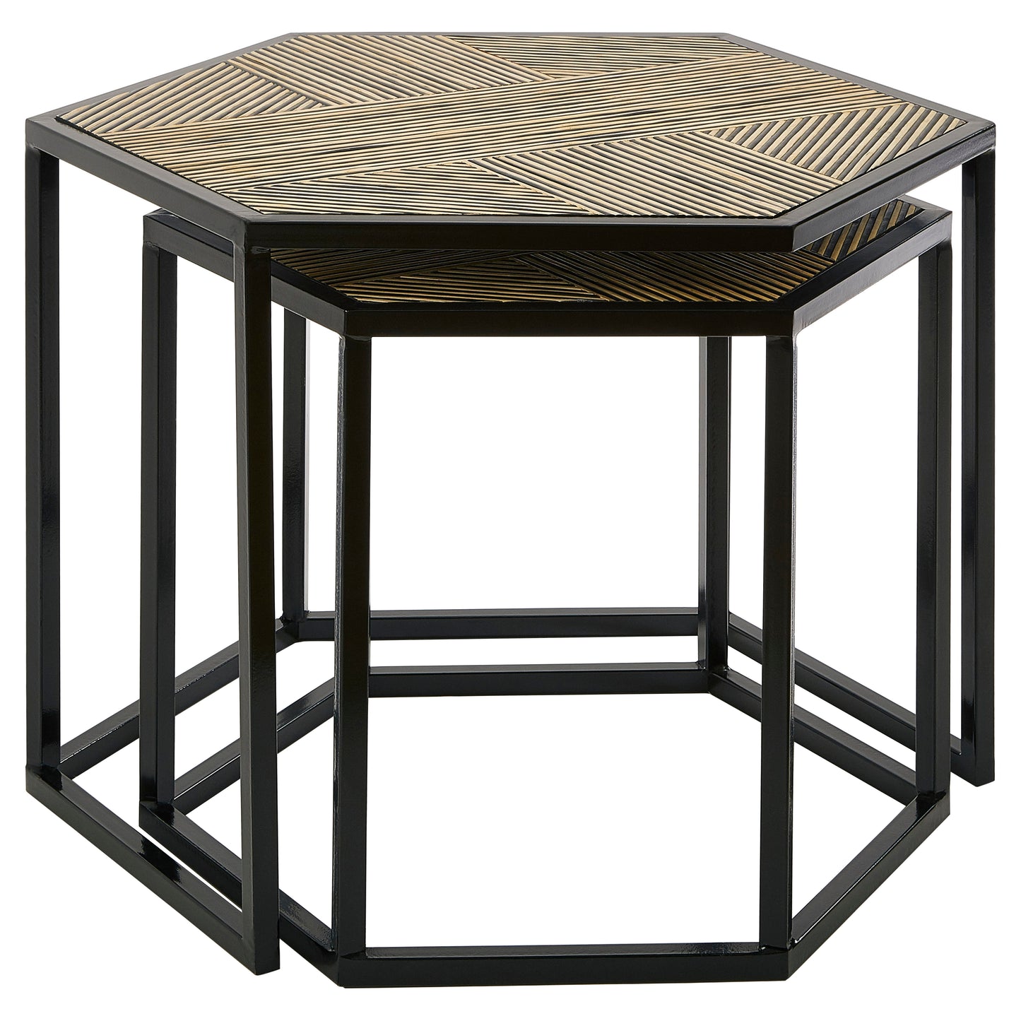 Hexagonal Black Iron and Bamboo set of 2 Side Tables - Kristia Rose Collections