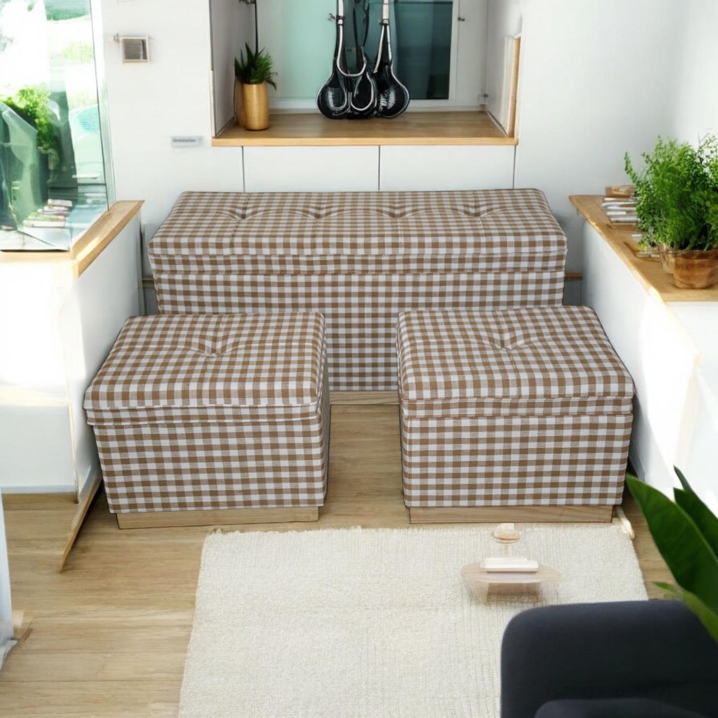 Country Style Gingham Stools & Bench Set