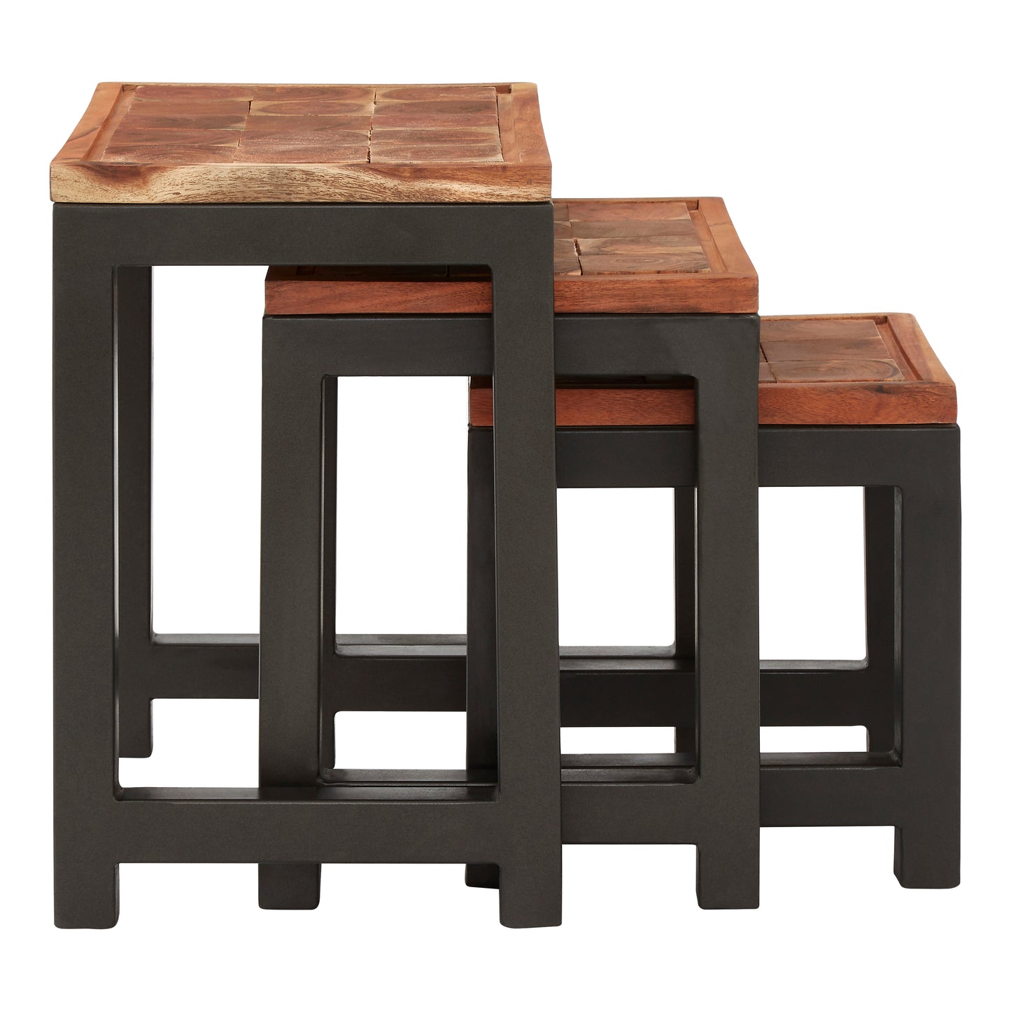 Acacia Wood and Iron Artisan Nest of Three Tables