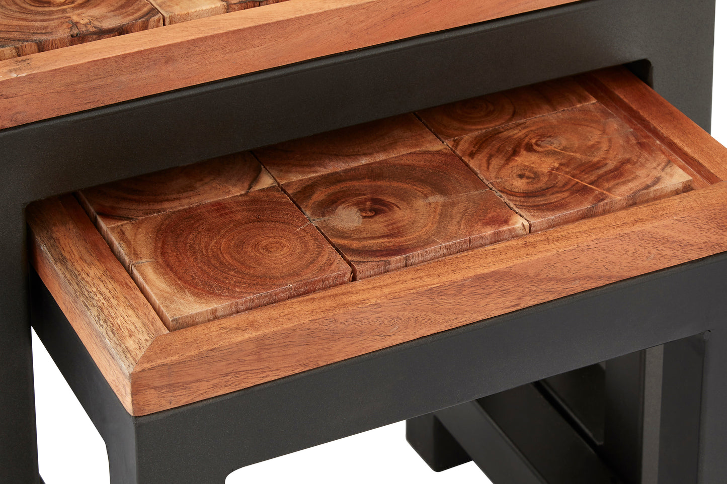 Acacia Wood and Iron Artisan Nest of Three Tables