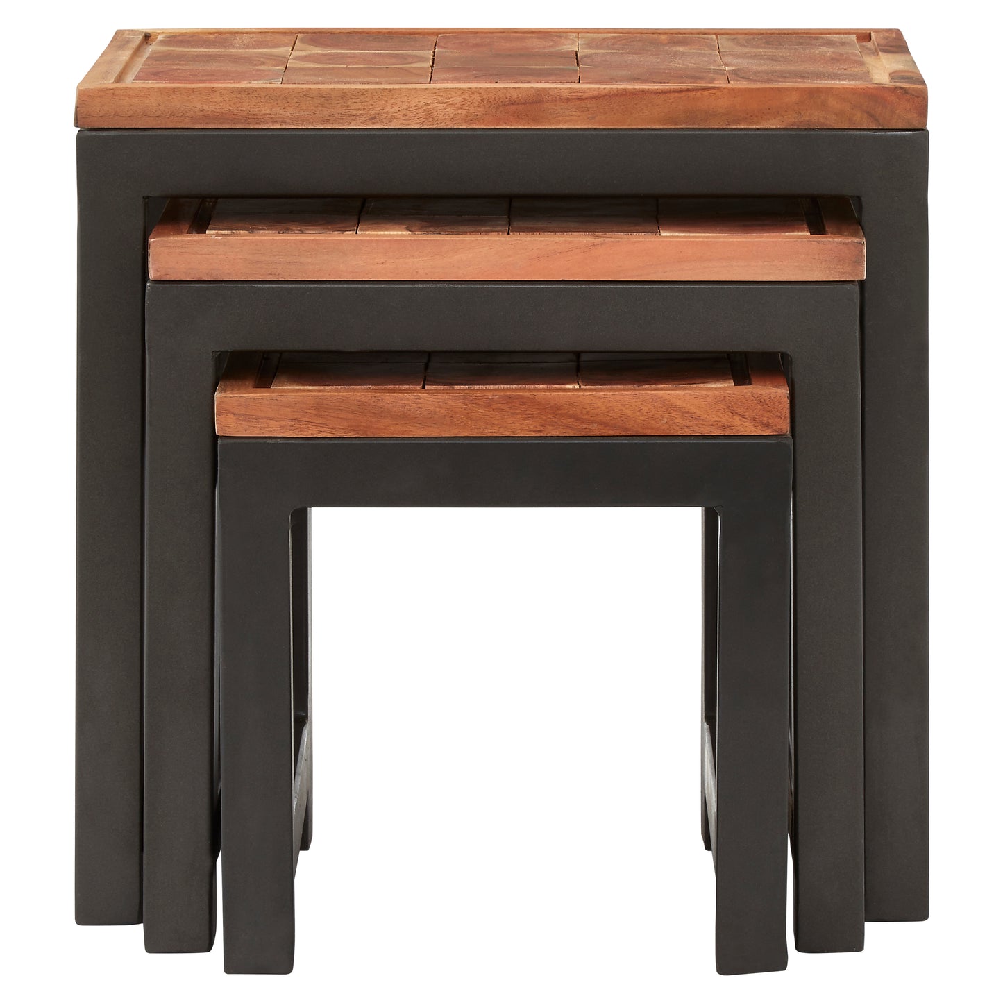 Acacia Wood and Iron Artisan Nest of Three Tables