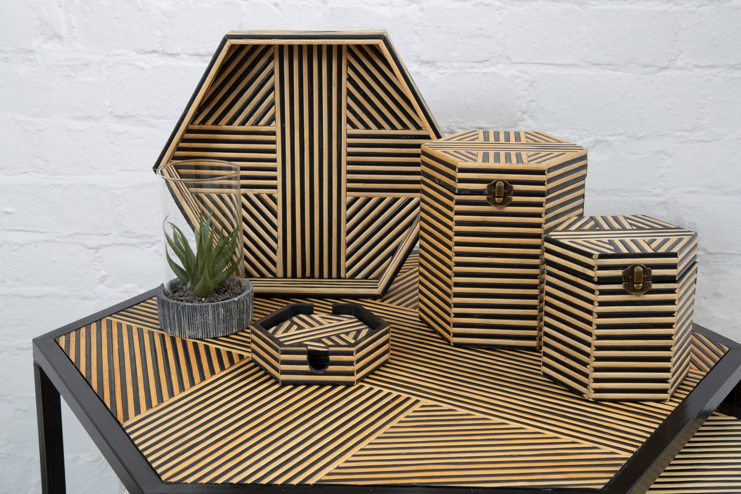 Hexagonal Black Iron and Bamboo set of 2 Side Tables - Kristia Rose Collections