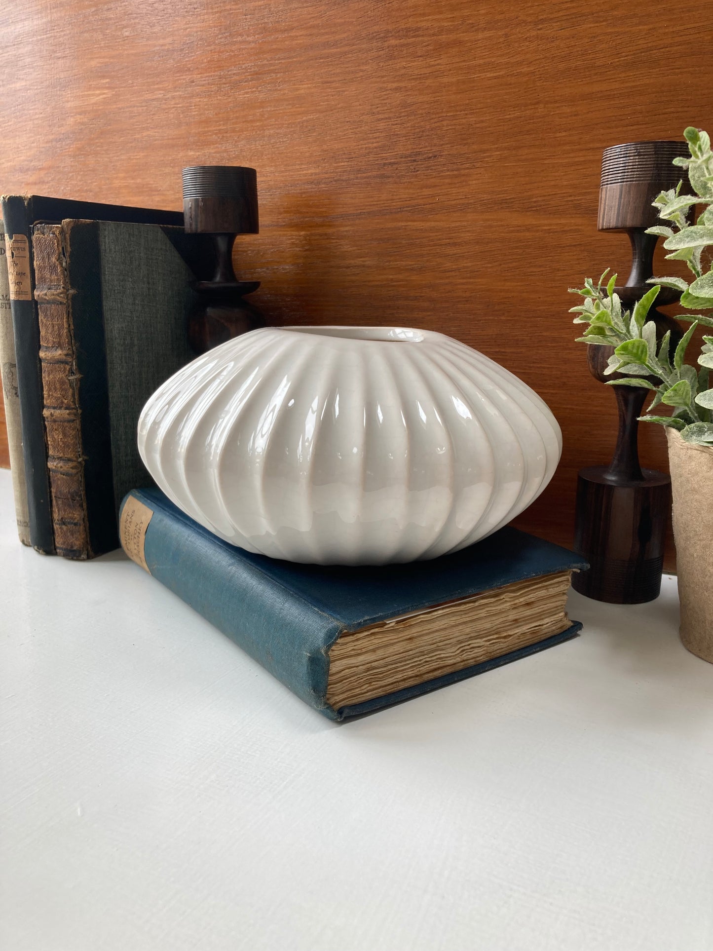 White Ceramic Ribbed Squat Vase - Kristia Rose Collections