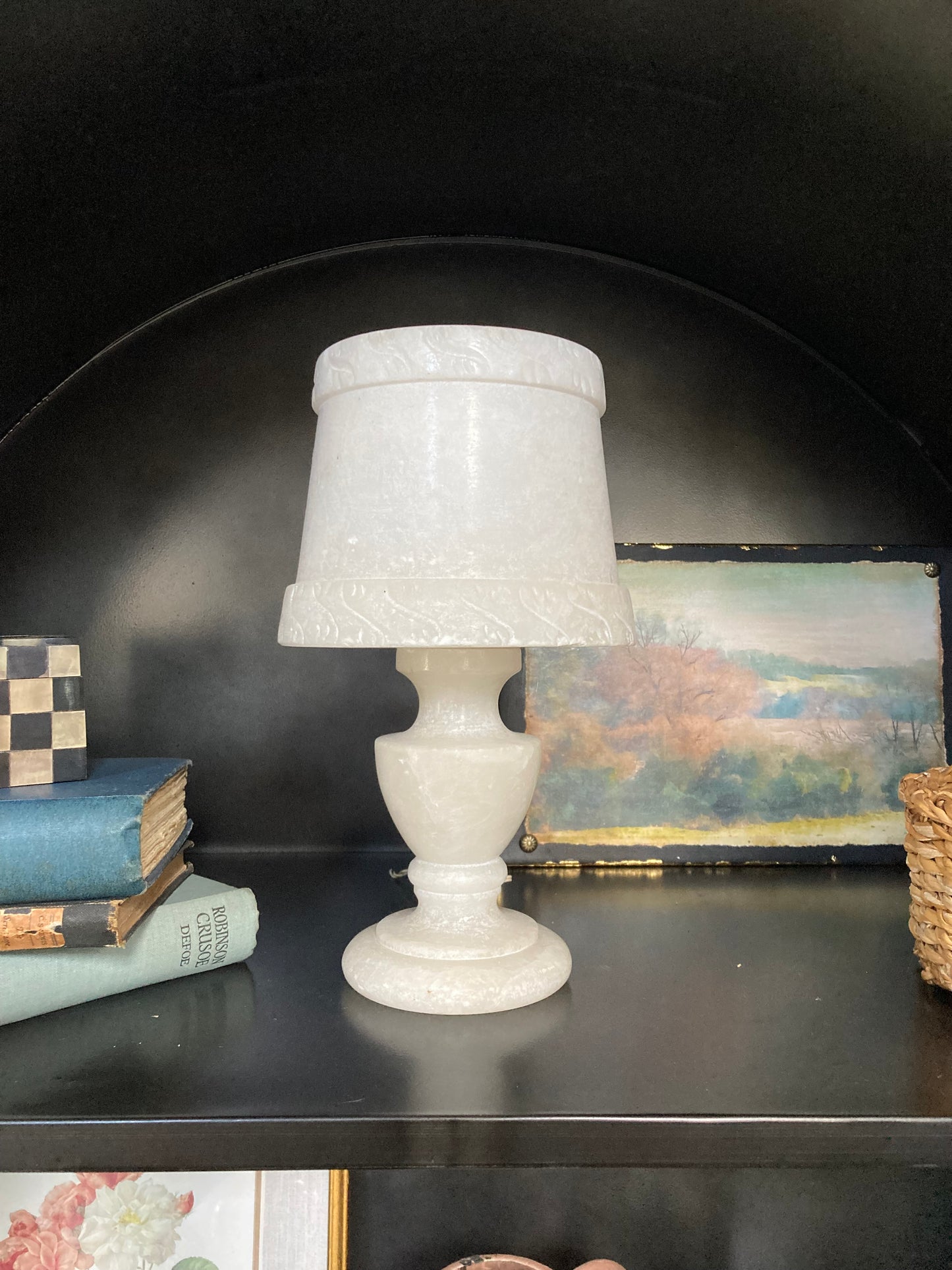 Vintage 1970s Alabaster Lamp Base & Shade , Spanish