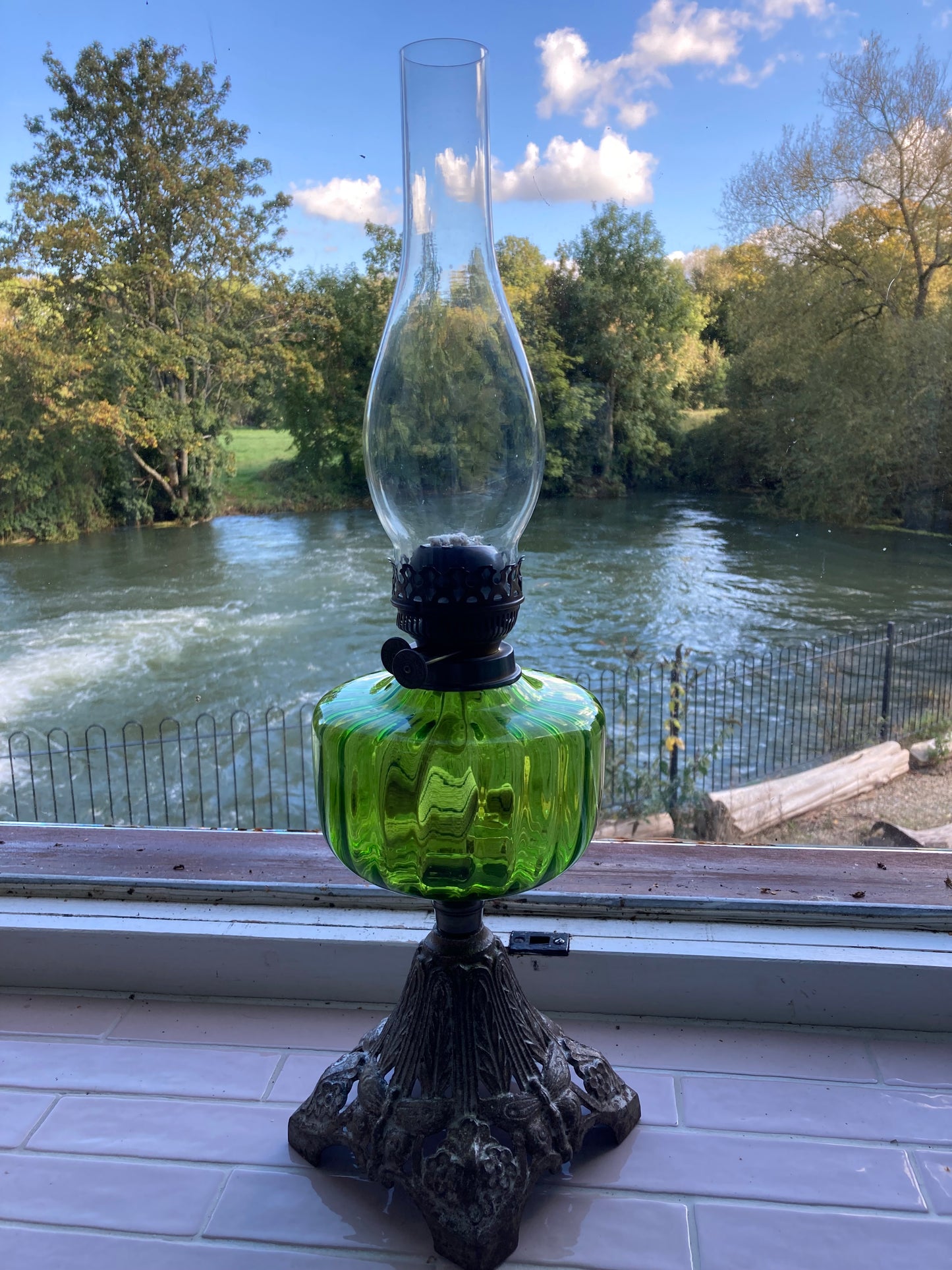 Tall Antique Green Glass and Cast Iron Base Victorian Oil Lamp