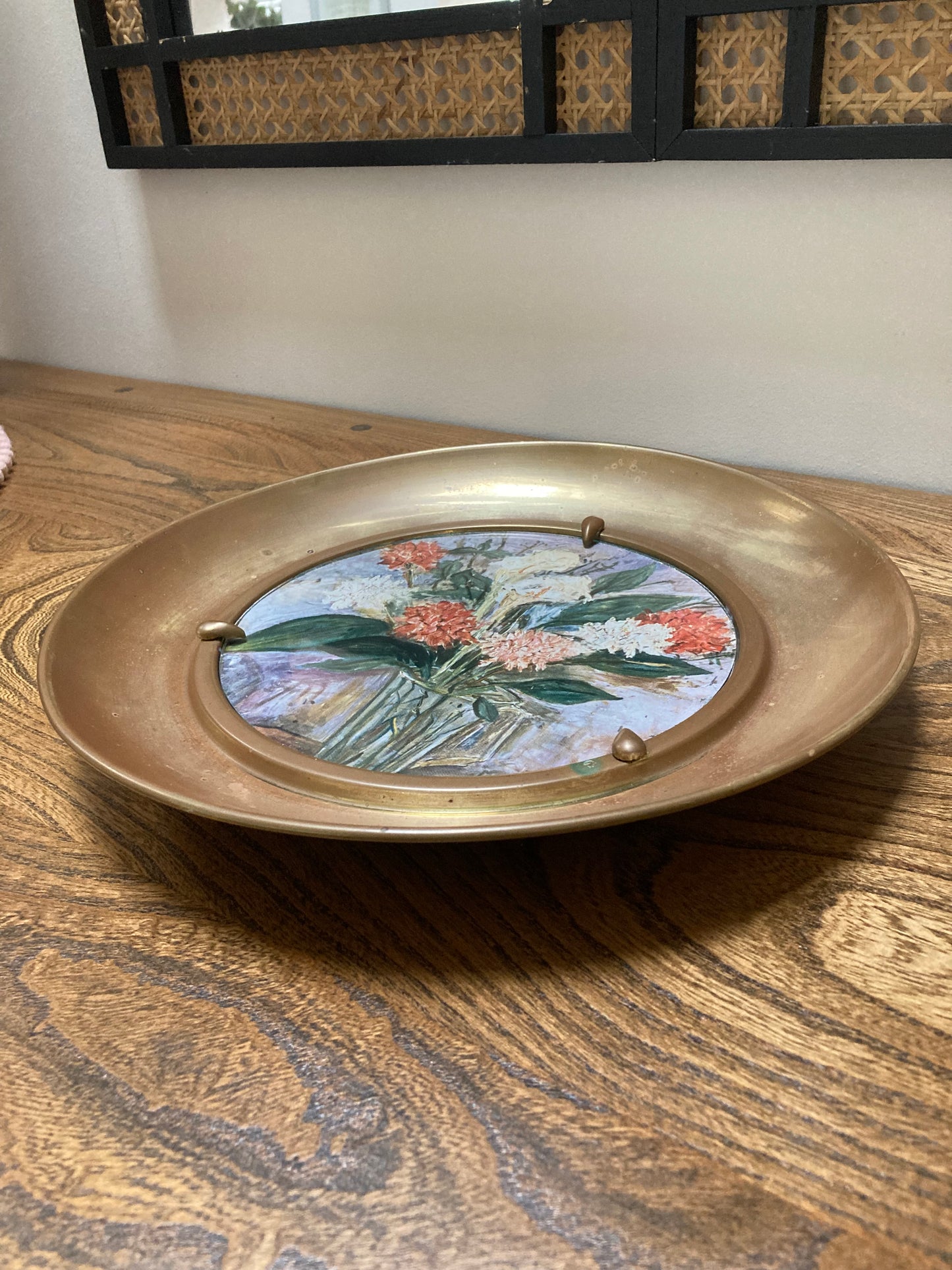 Still Flower Print in Circular Vintage Brass Frame
