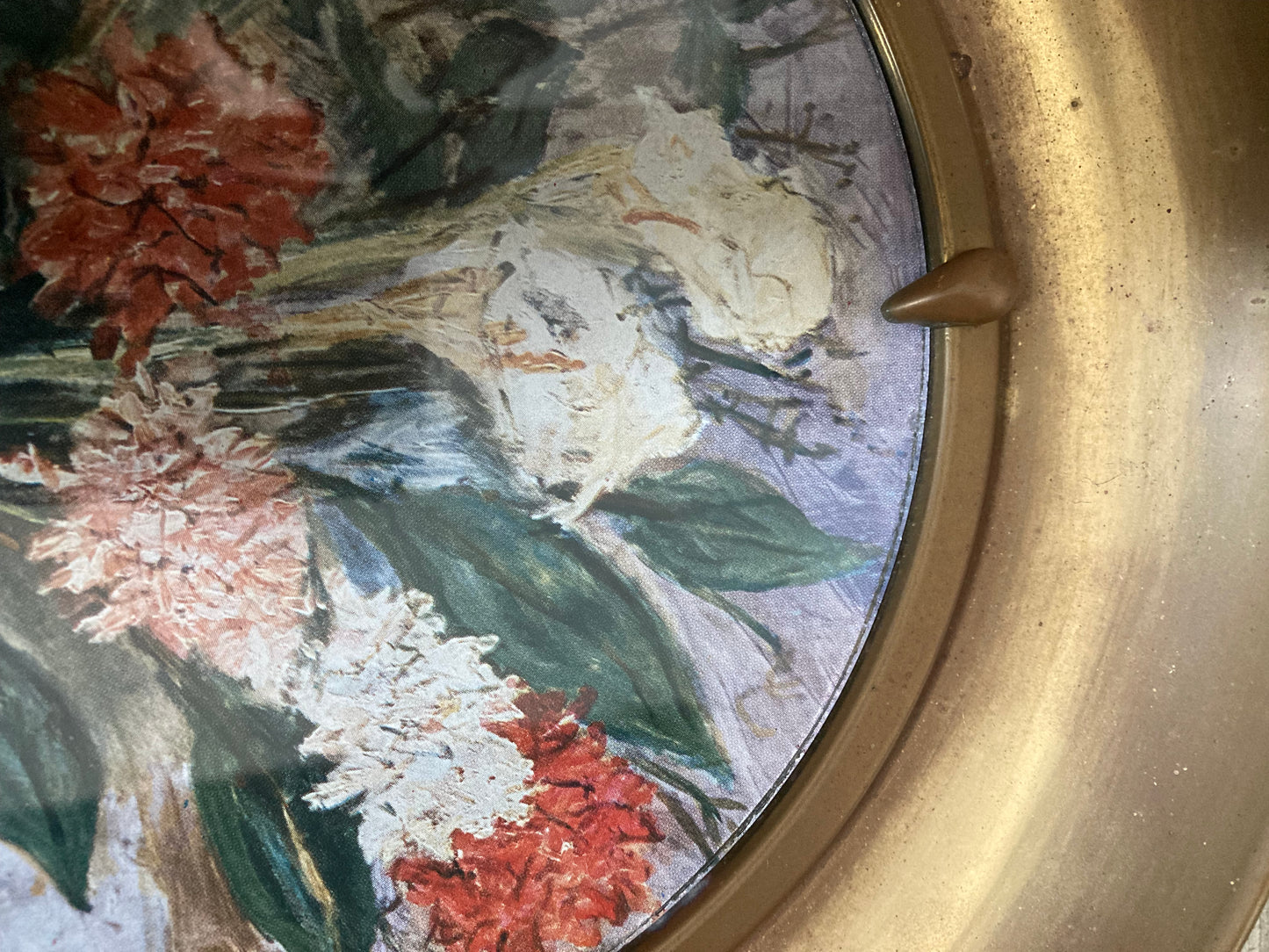 Still Flower Print in Circular Vintage Brass Frame