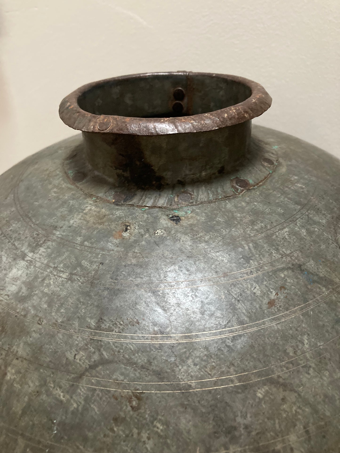 Large Vintage Indian Iron Metal Water Pot in Silver