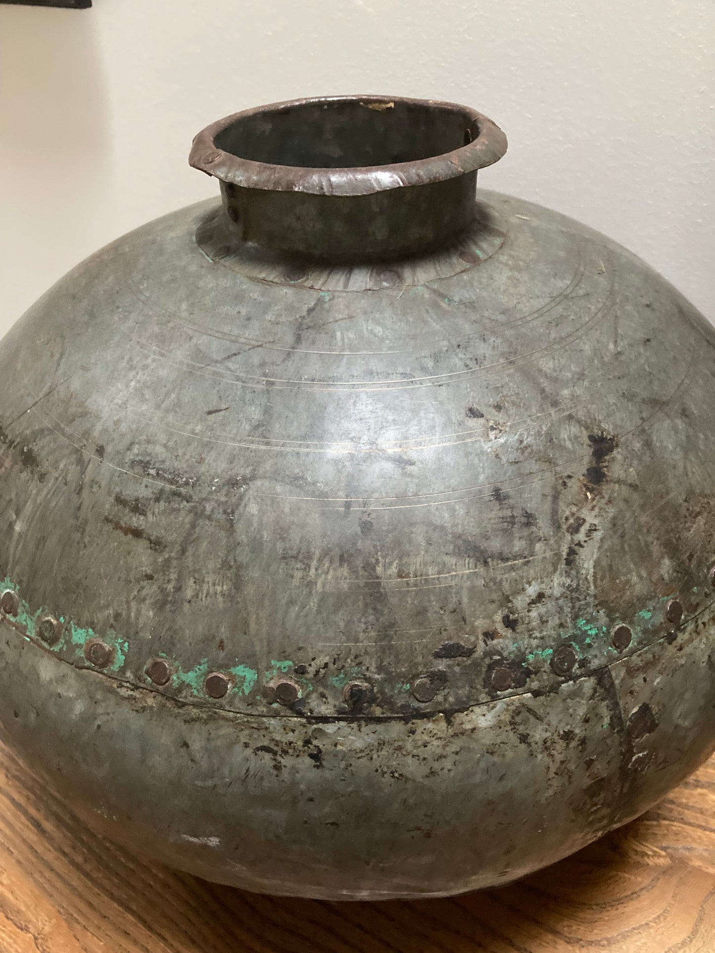 Large Vintage Indian Iron Metal Water Pot in Silver