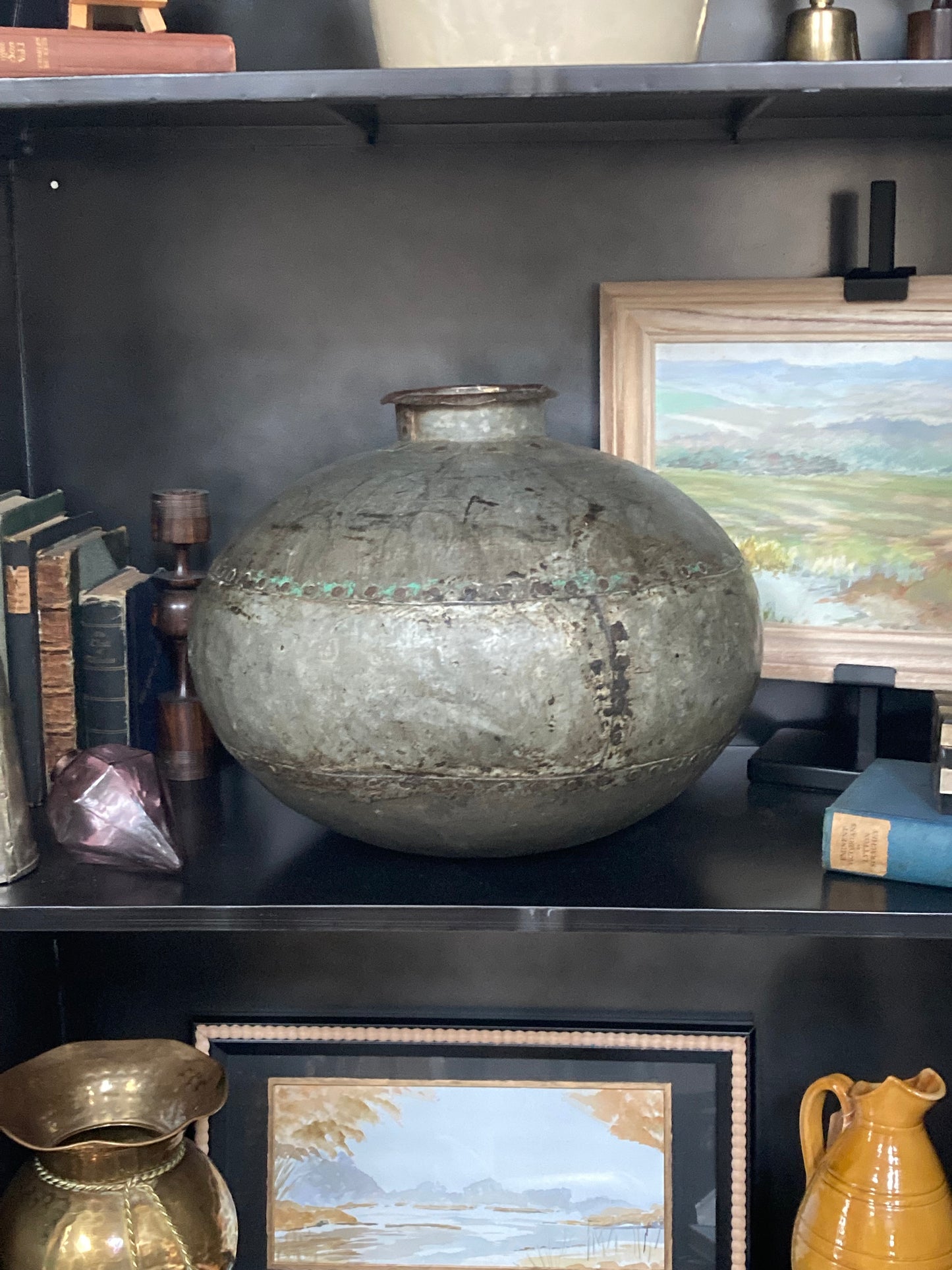 Large Vintage Indian Iron Metal Water Pot in Silver