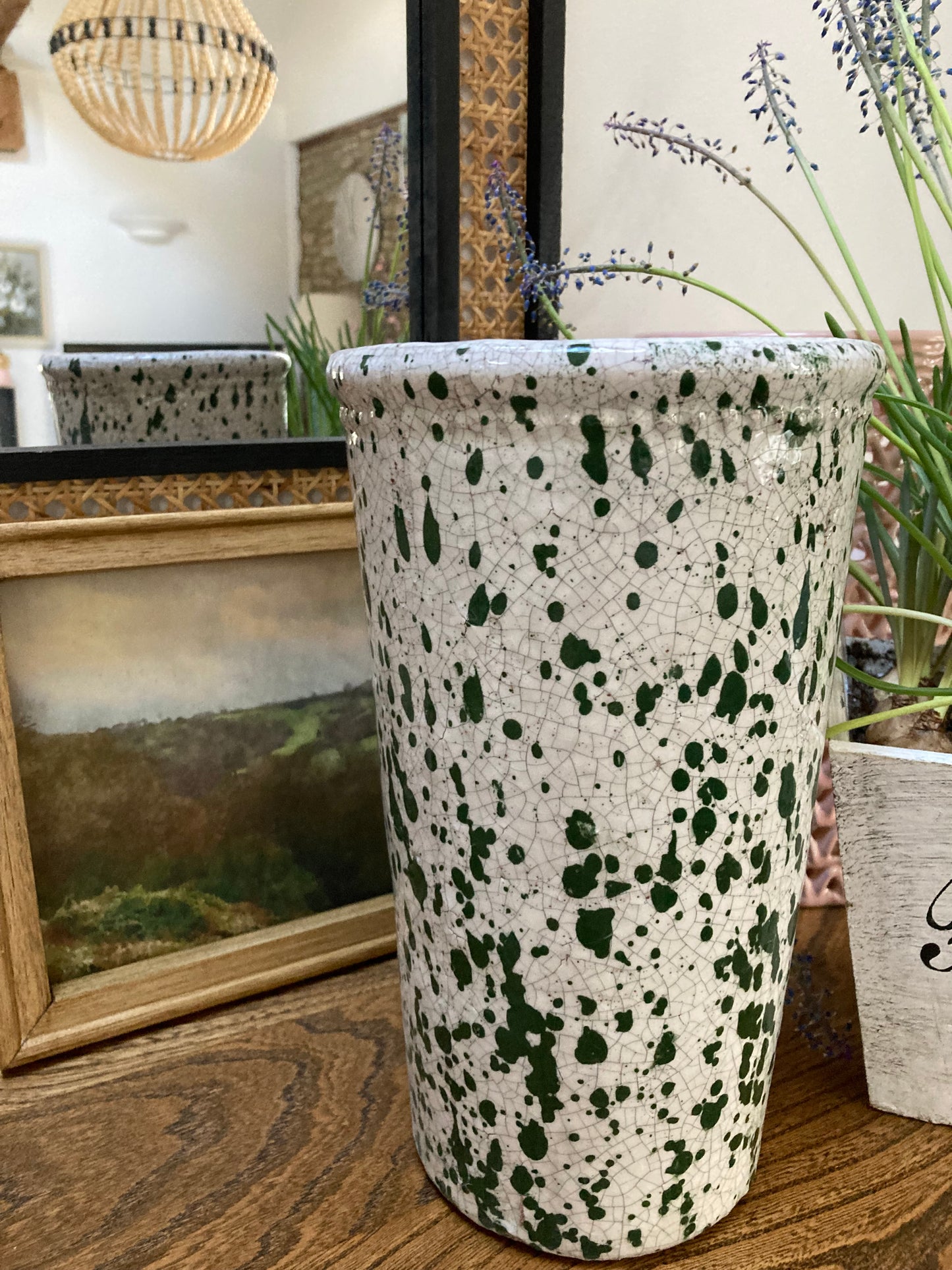 Tall Rustic Green Splatter Effect Vase
