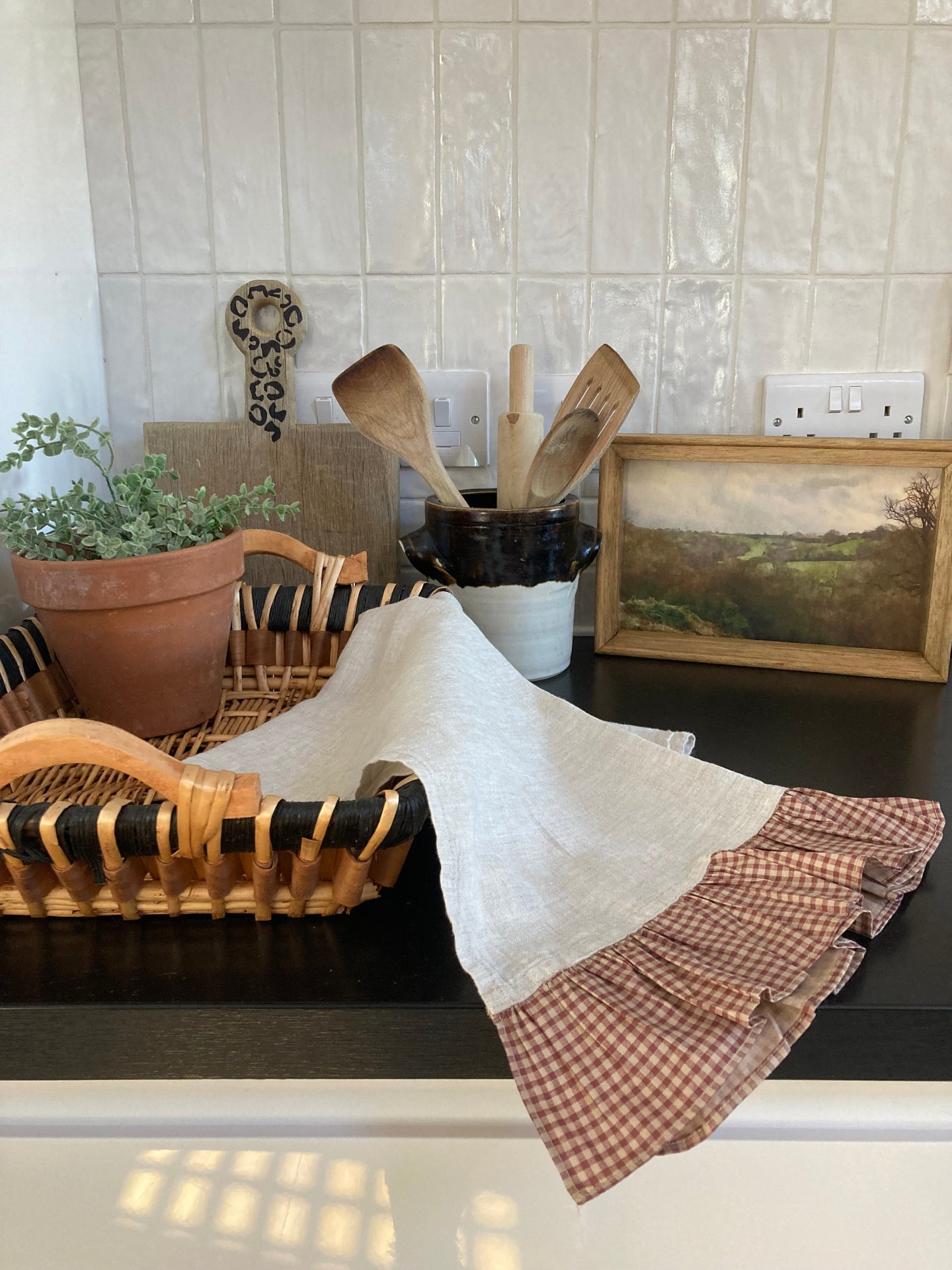 Linen Ruffle Tea Towel Natural Gingham