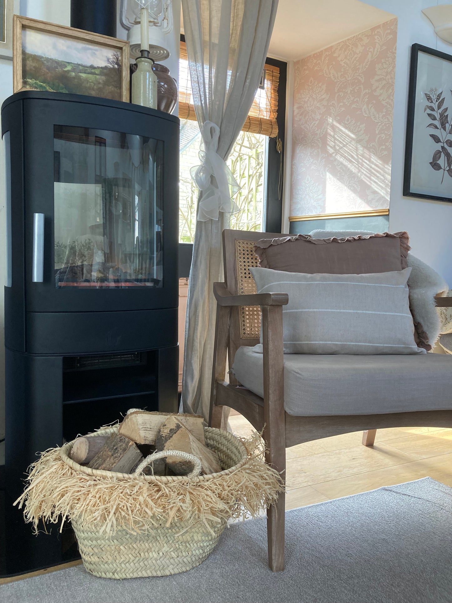 Medium French Market Basket with Raffia Trim : Natural
