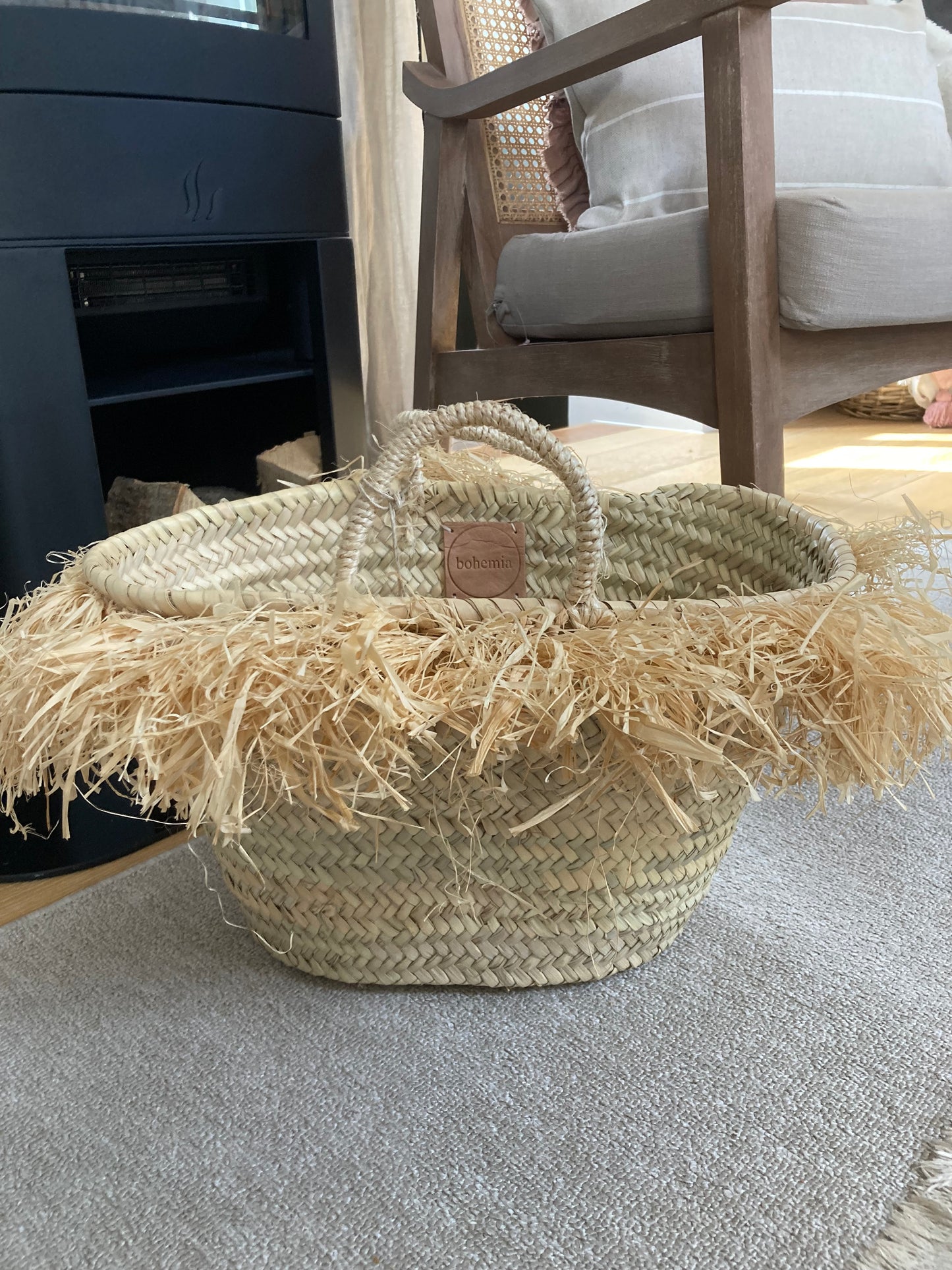 Medium French Market Basket with Raffia Trim : Natural