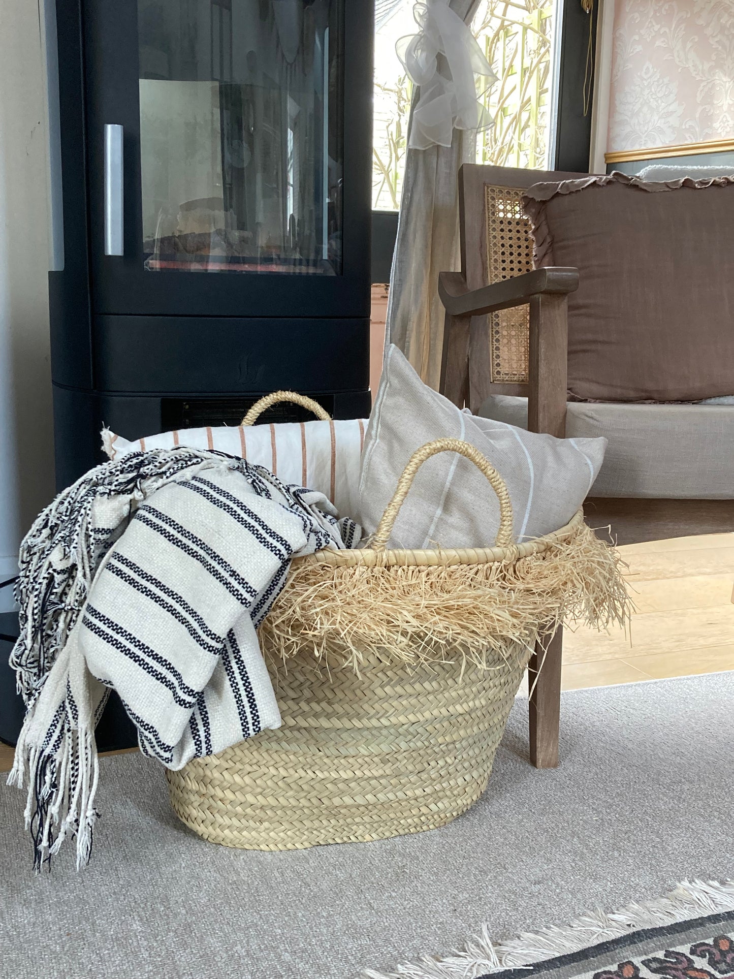 Large French Market Basket with Raffia Trim : Natural
