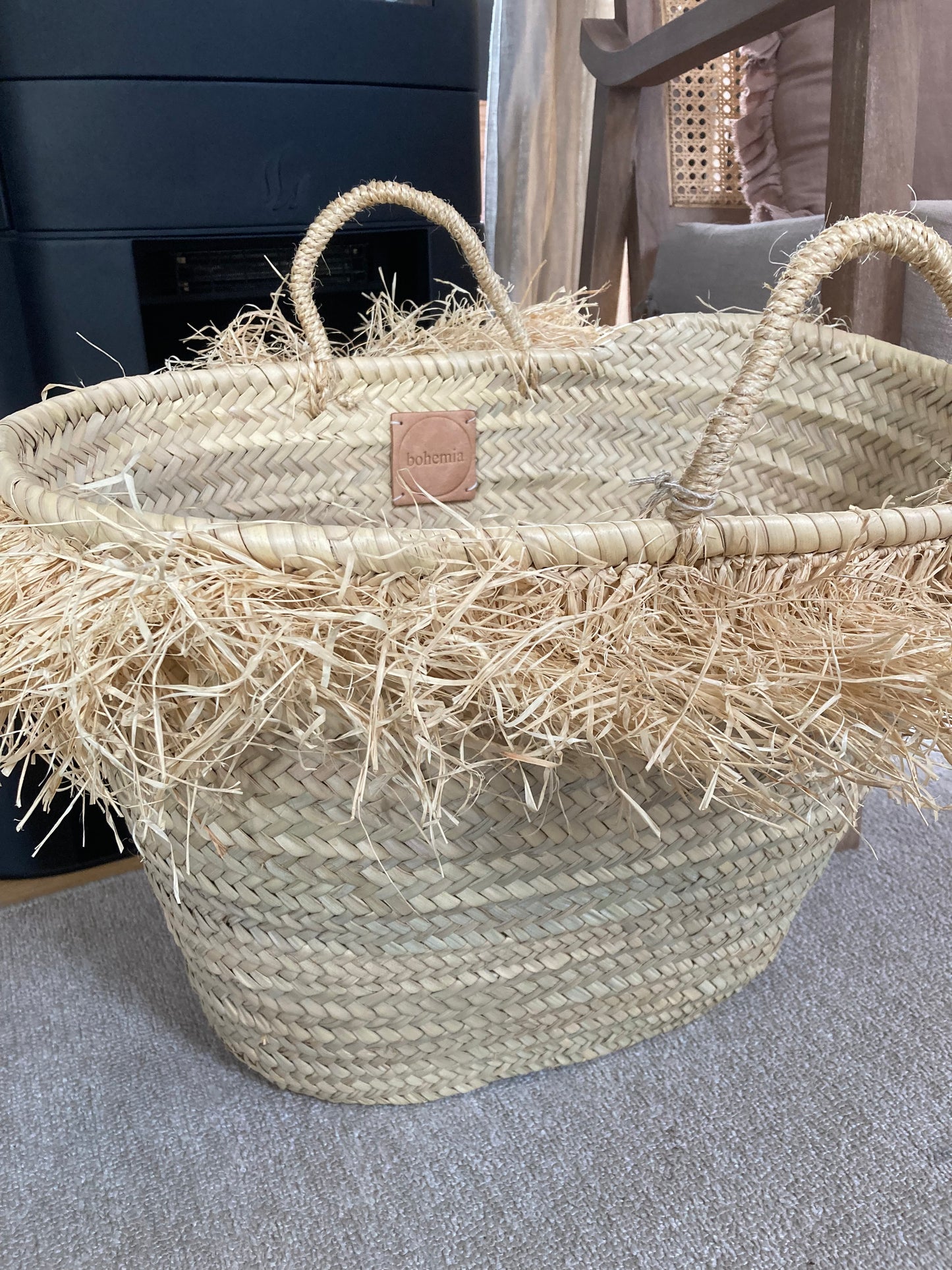 Large French Market Basket with Raffia Trim : Natural
