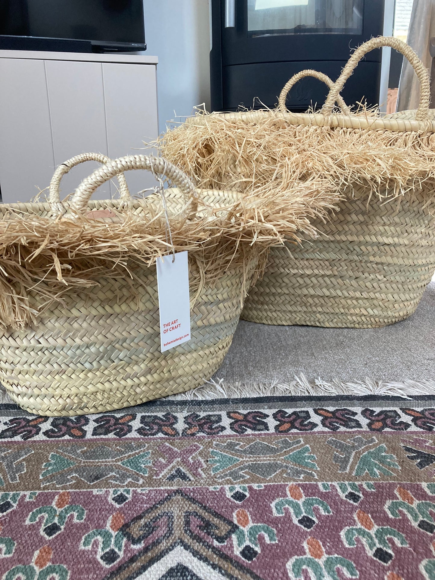 Large French Market Basket with Raffia Trim : Natural