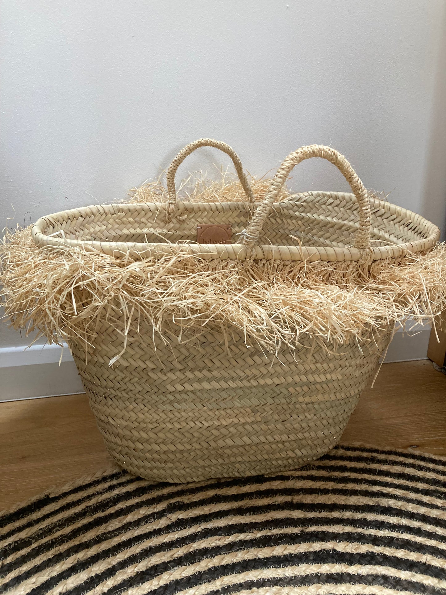 Large French Market Basket with Raffia Trim : Natural