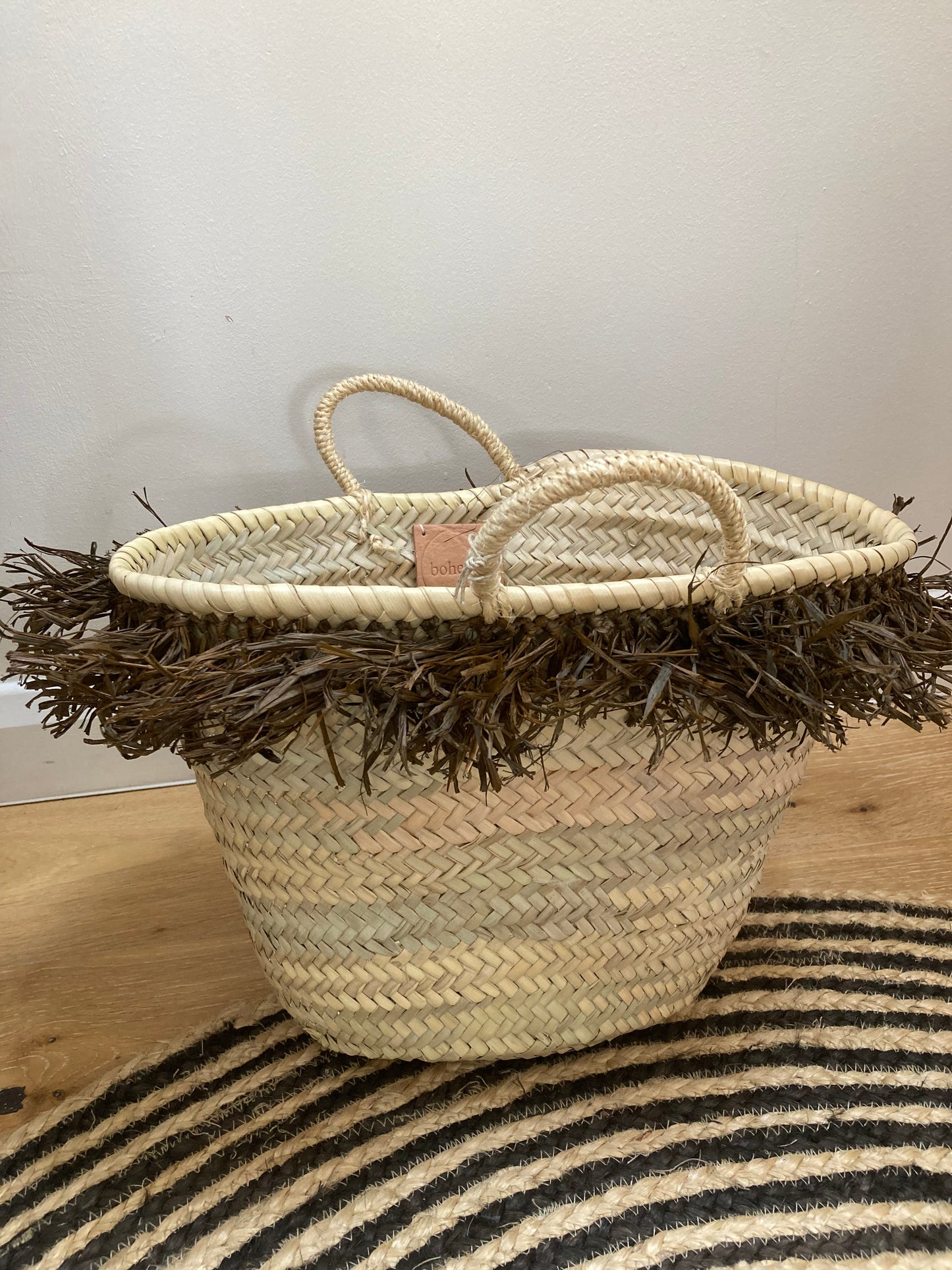 Medium French Market Basket with Raffia Trim : Chocolate