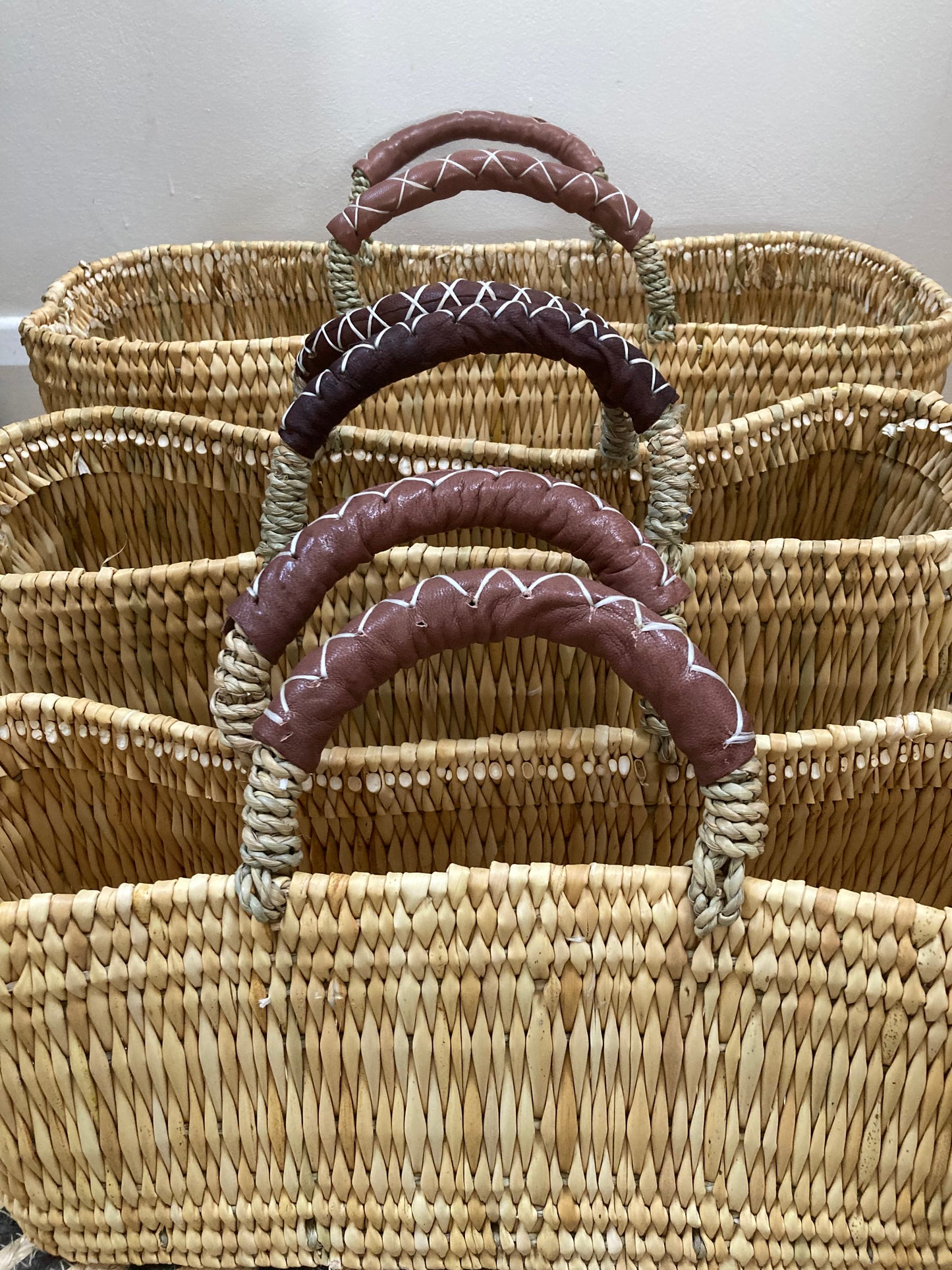 Stylish Reed Baskets with Leather Handles - 3 sizes available