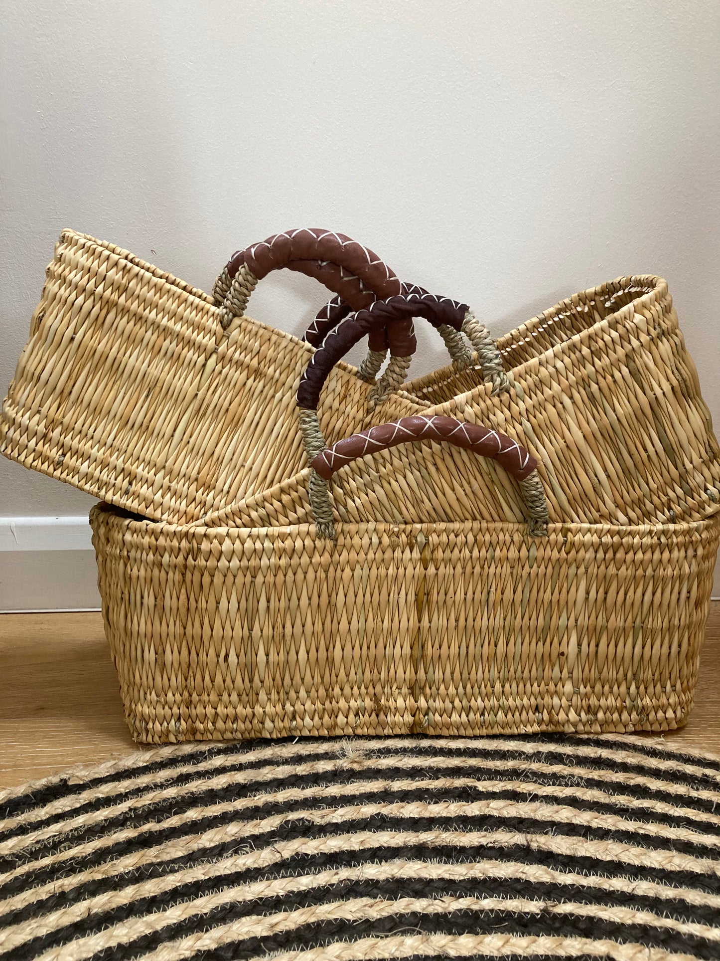 Stylish Reed Baskets with Leather Handles - 3 sizes available