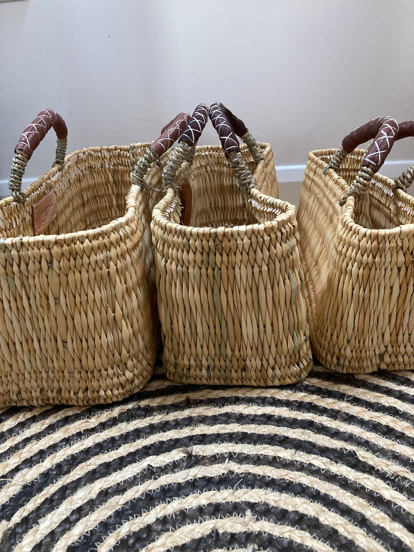 Stylish Reed Baskets with Leather Handles - 3 sizes available