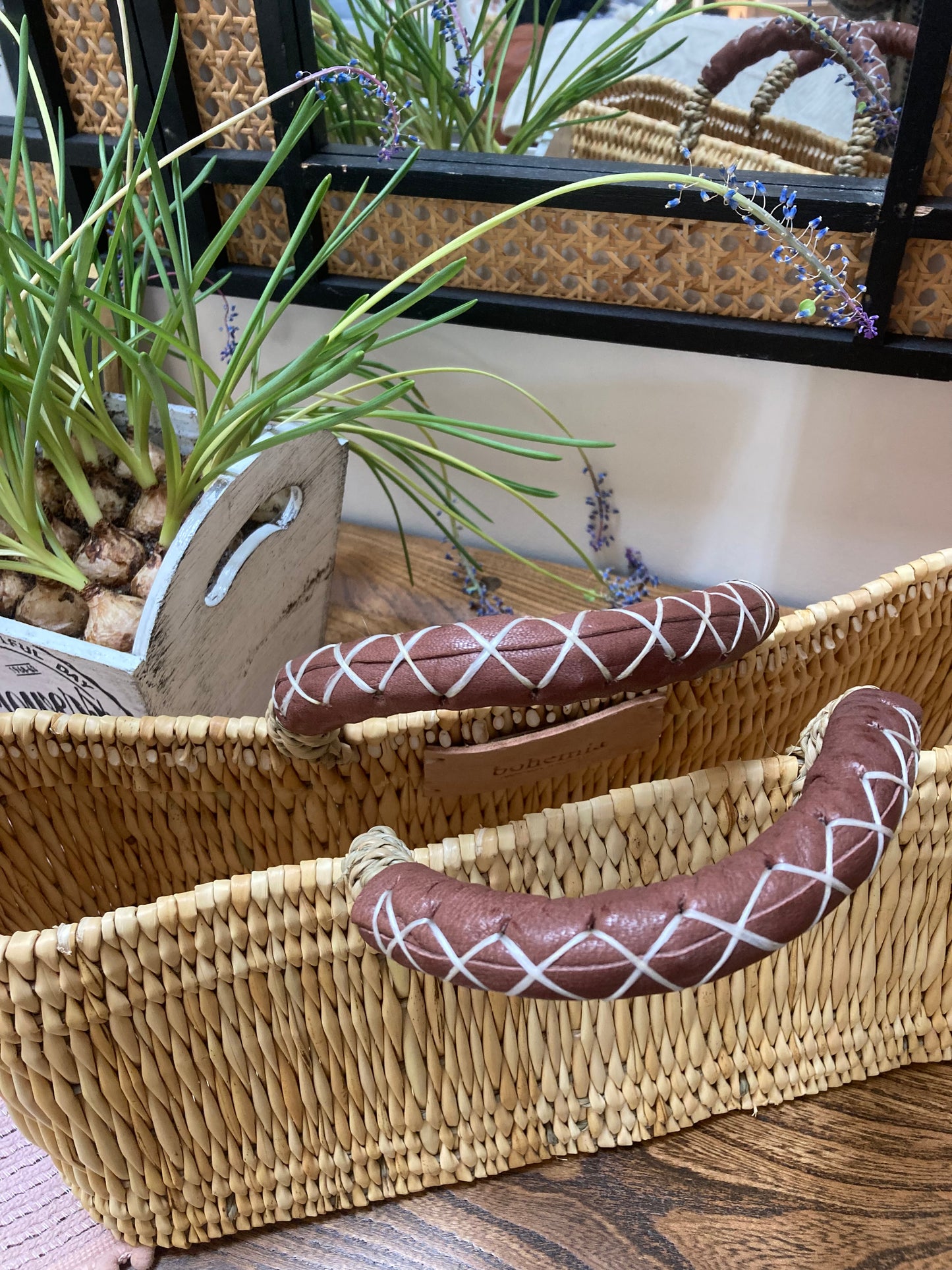 Stylish Reed Baskets with Leather Handles - 3 sizes available
