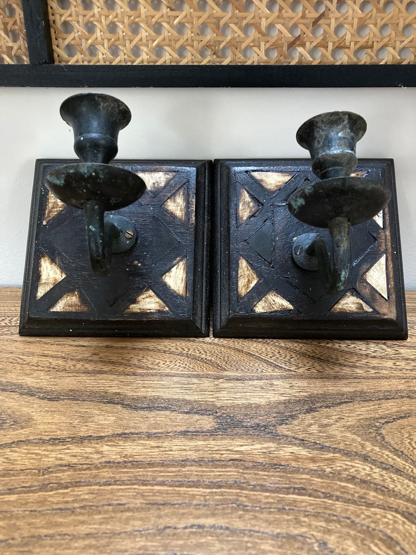 Vintage Indian Square Wooden Wall Sconces , 2 available