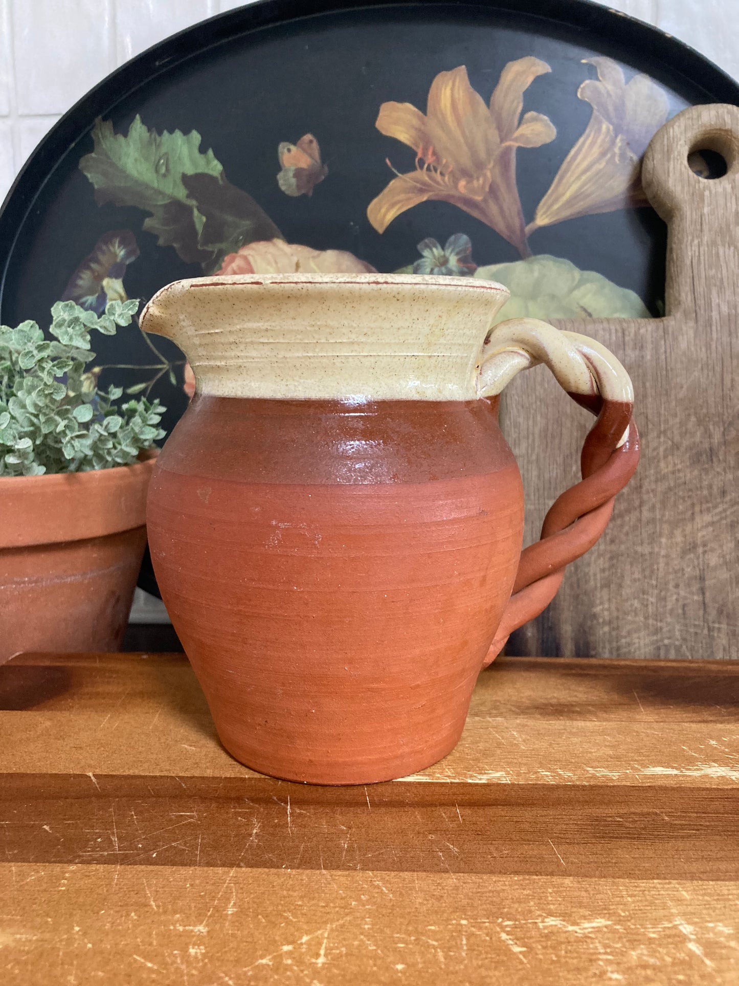 Terracotta & Vanilla Glaze Jug With Braided Handle
