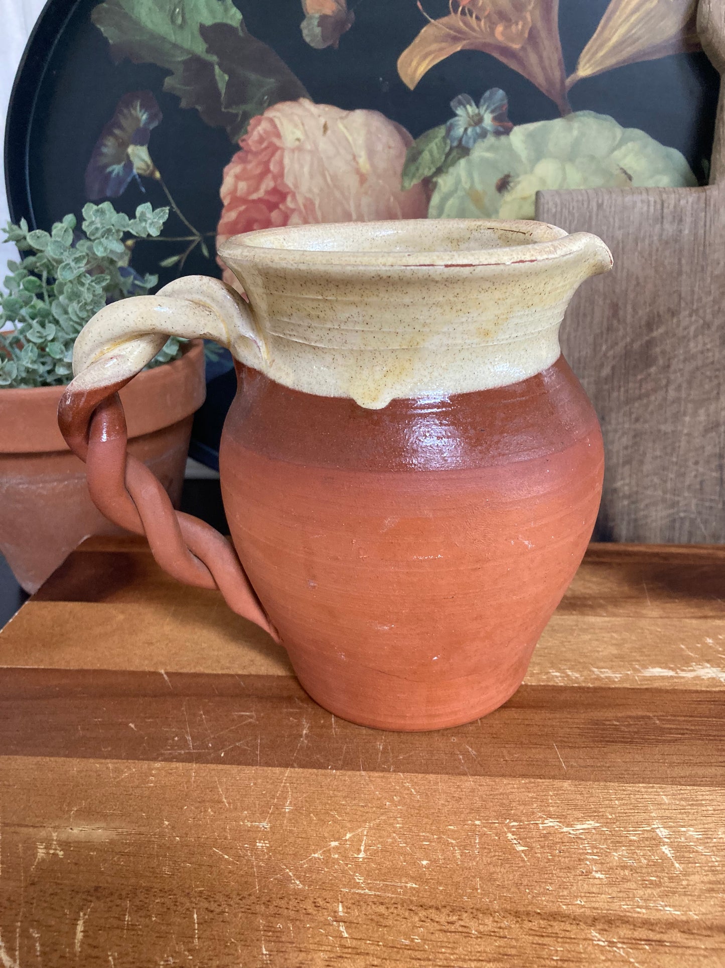 Terracotta & Vanilla Glaze Jug With Braided Handle