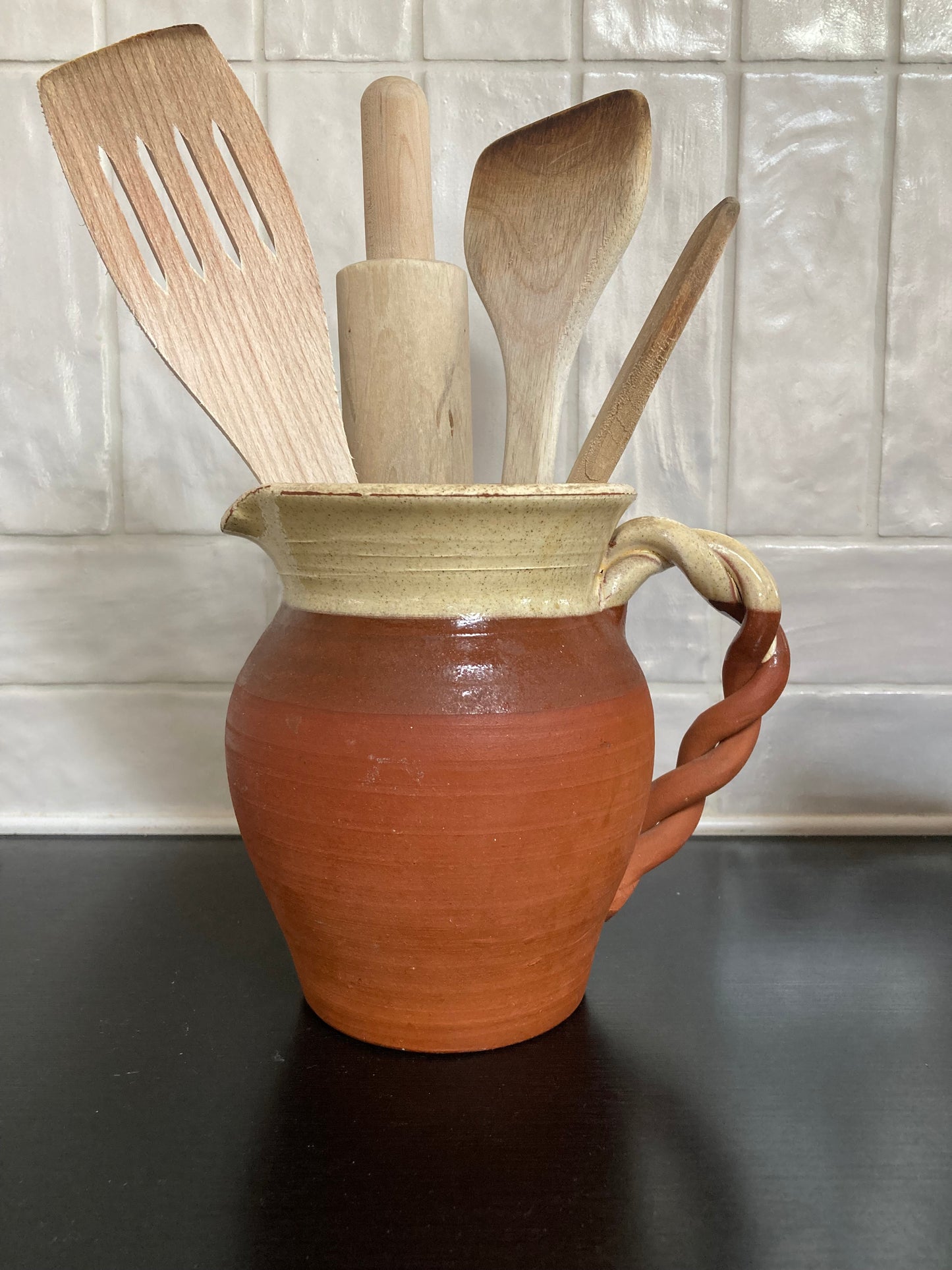 Terracotta & Vanilla Glaze Jug With Braided Handle