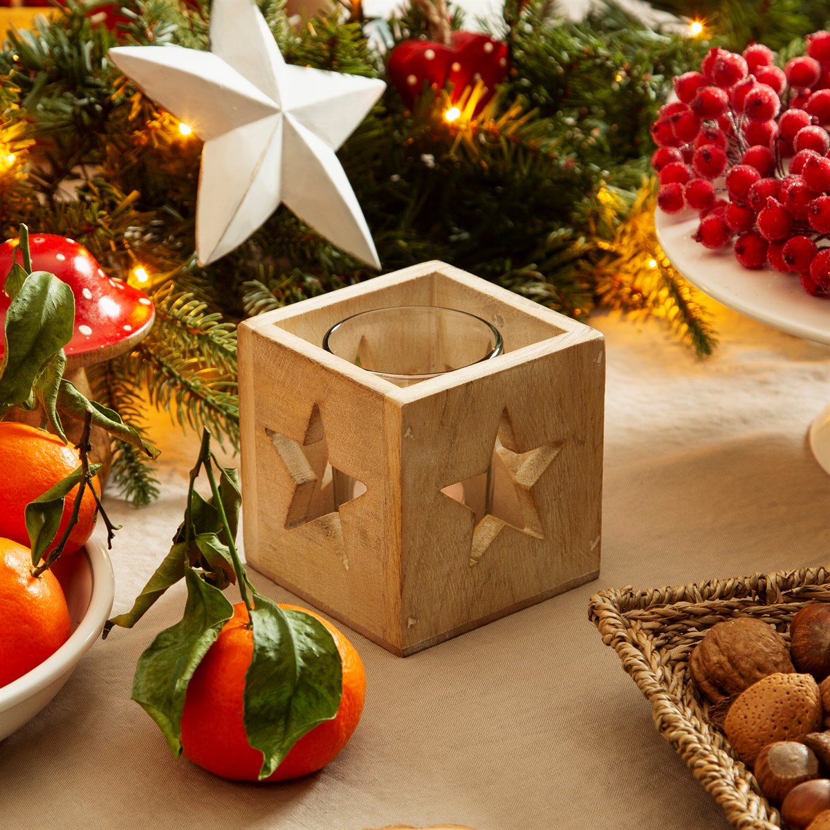 Star Cut Out Mango Wood Tealight Holder
