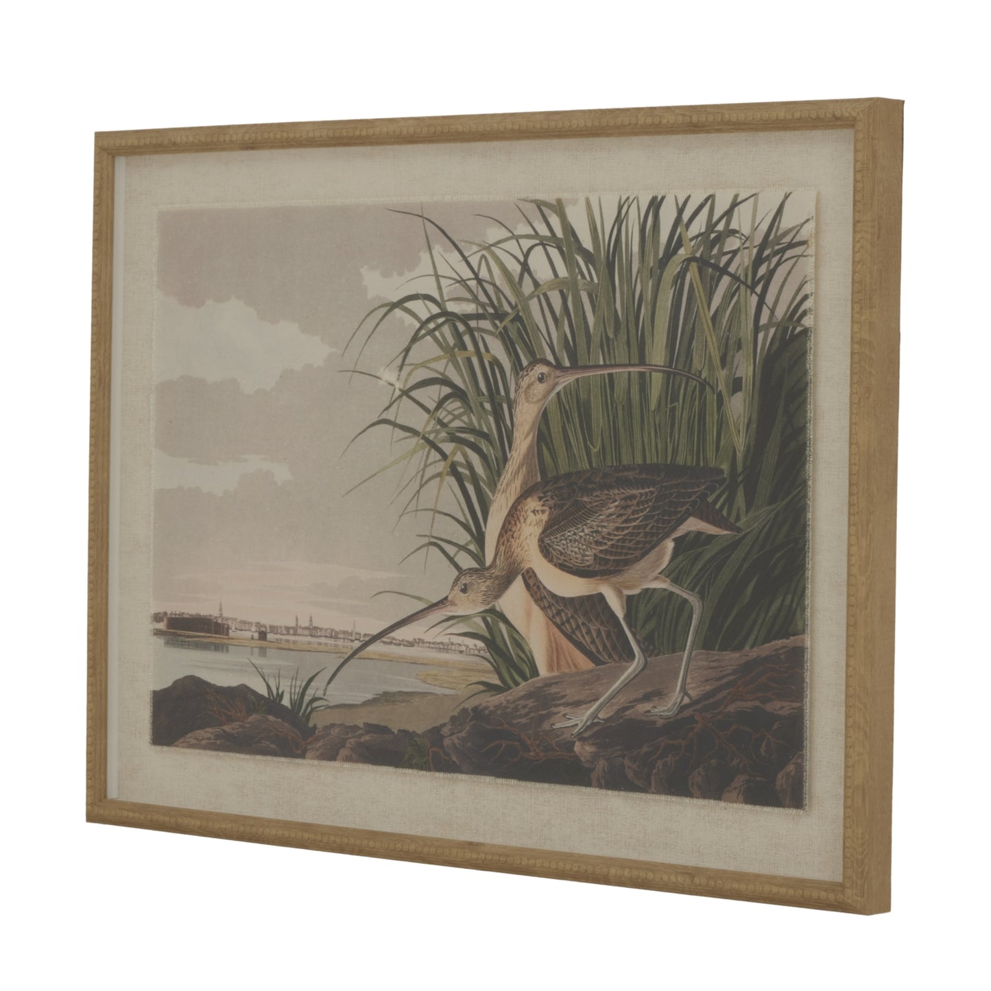 Botanical Artwork on Linen Background in Beaded Frame - Curlews