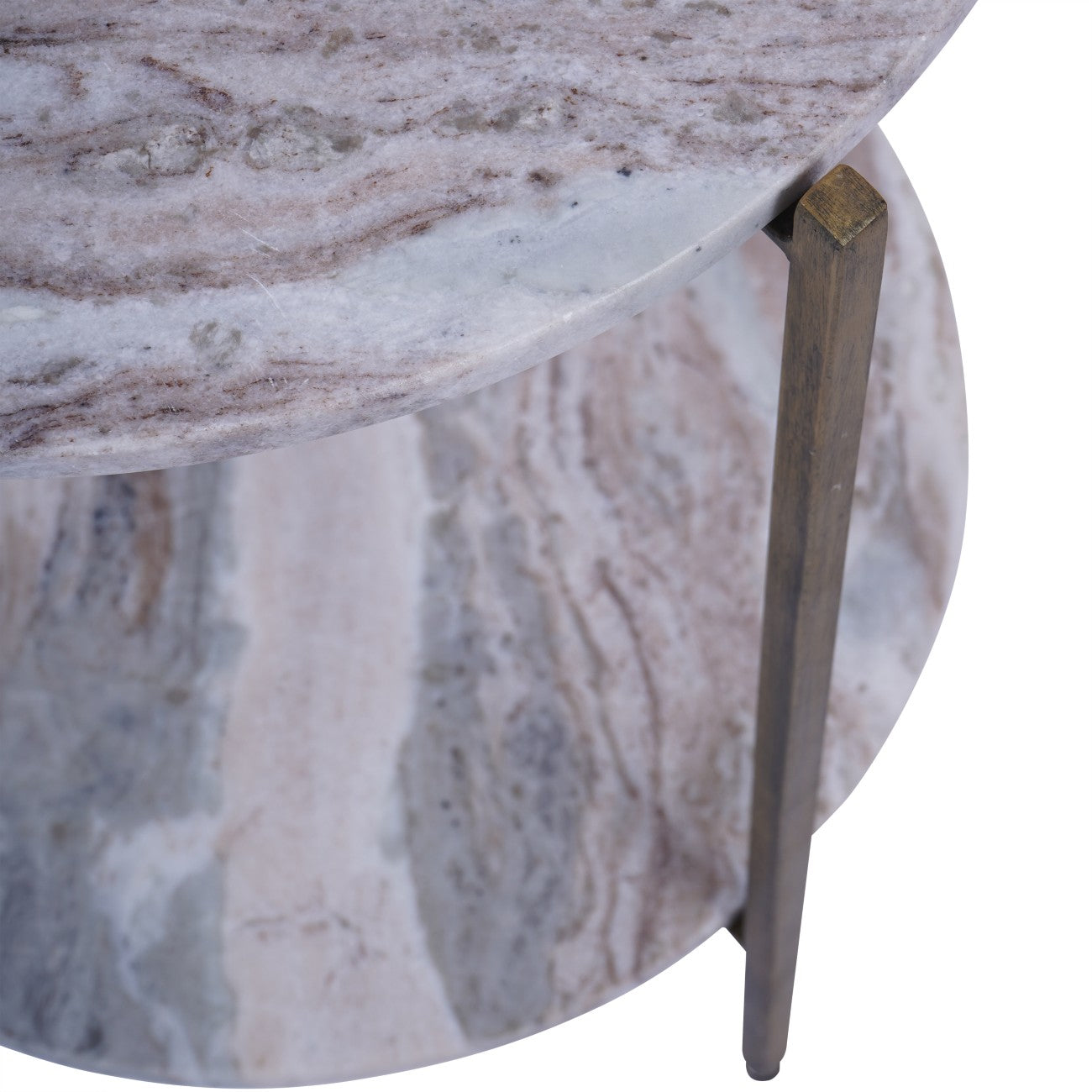 Round marble table with a grayish-brown pattern and a metal leg on a white background