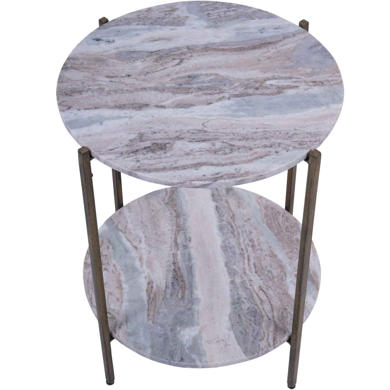 Marble-patterned round side table with metal legs on a white background