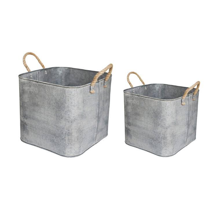 Country Style Metal Ribbed Square Planter Set