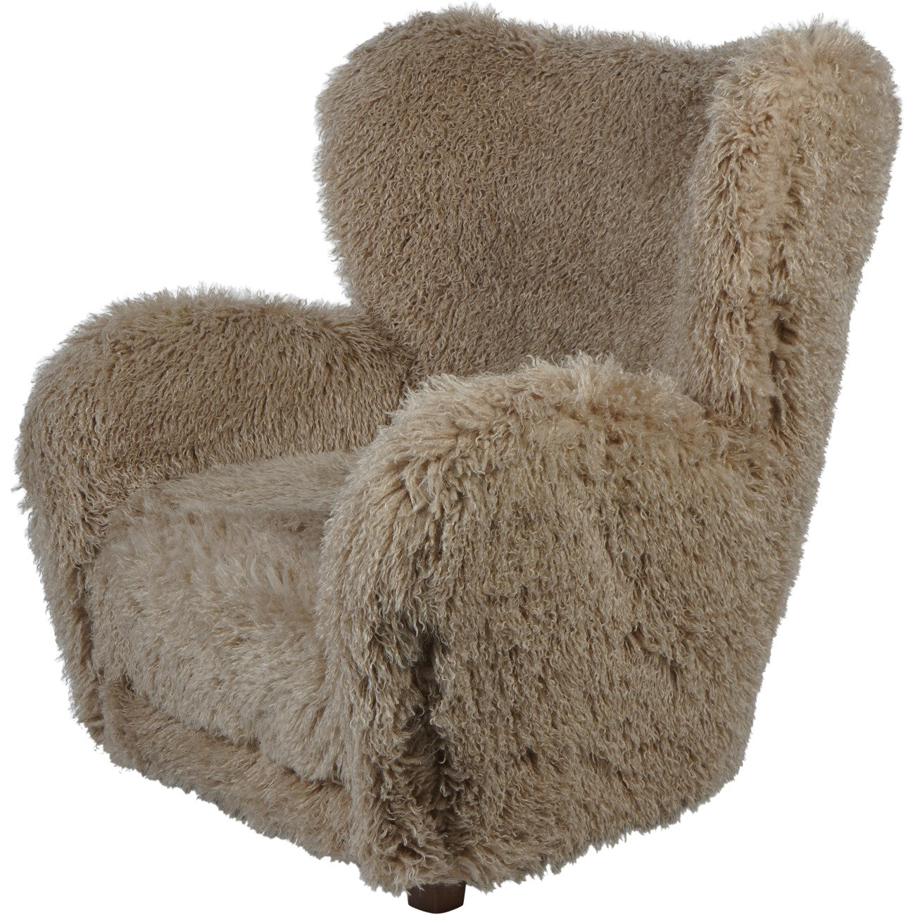 Fluffy beige armchair on a white background