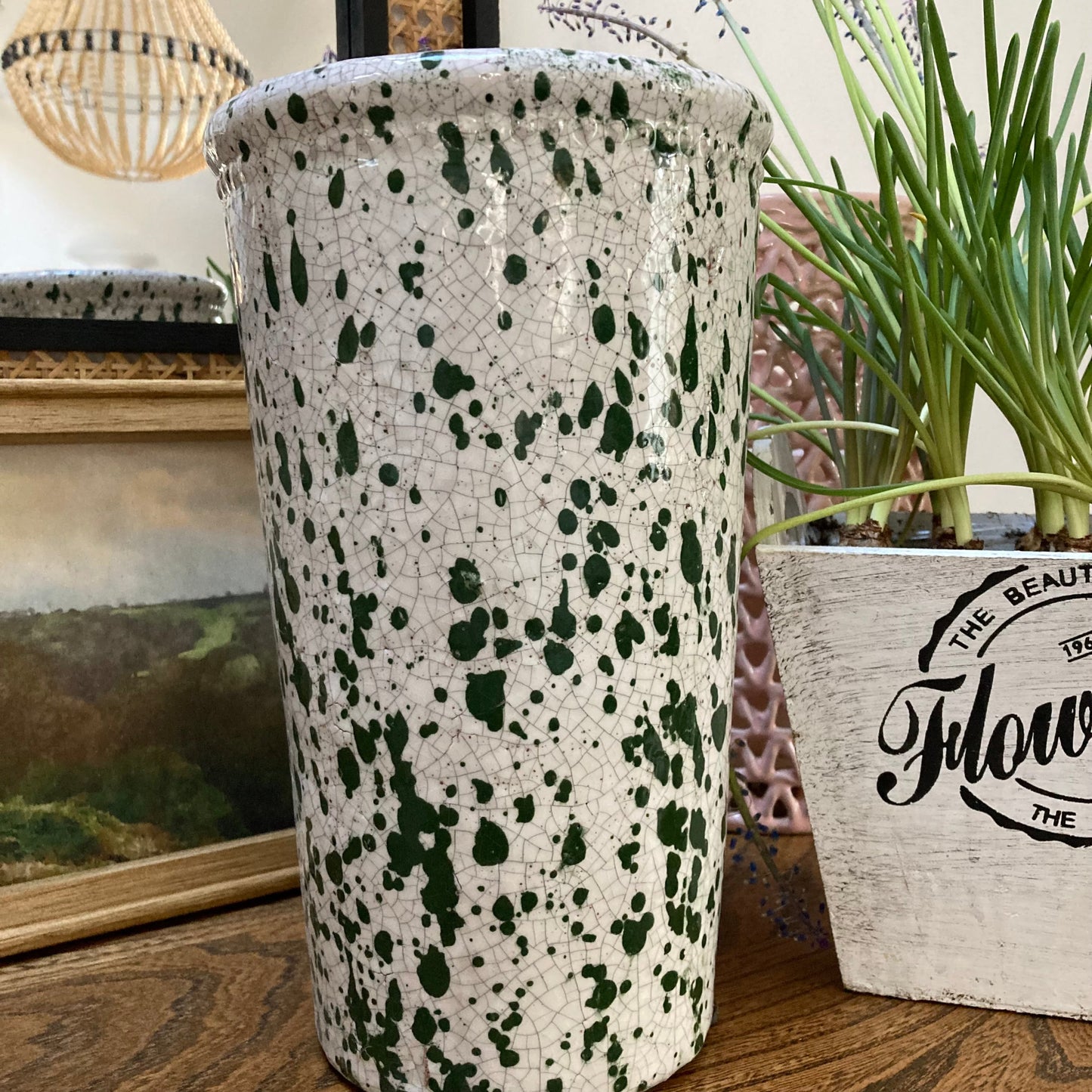 Tall Rustic Green Splatter Effect Vase