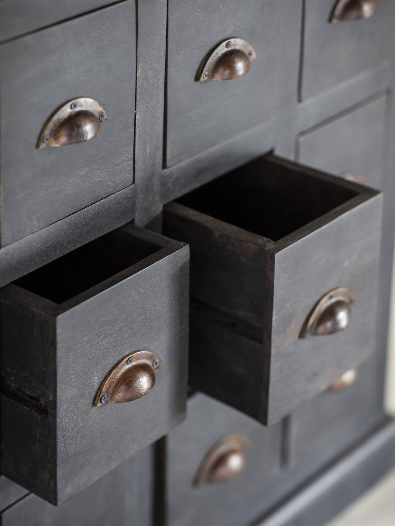 Vintage Effect Black Multi Drawer Chest, close up