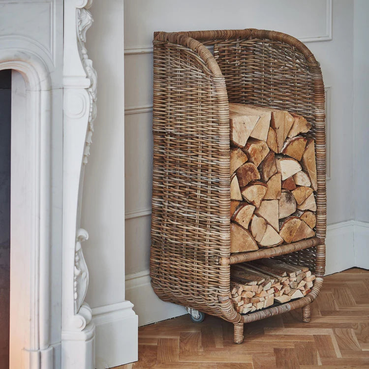 Stylish Rattan Log Trolley with Kindling Shelf