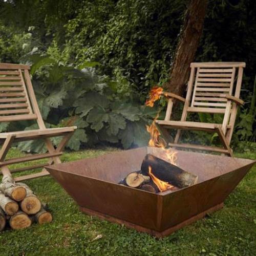 Large Corten Steel Magna Firepit, 80cm Square, 26cm H - Kristia Rose Collections