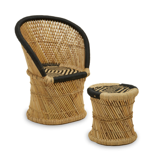 Filkins Natural Bamboo and Black Chair and Stool