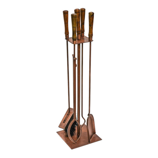 Wooden Handle Copper Fireside Companion Set