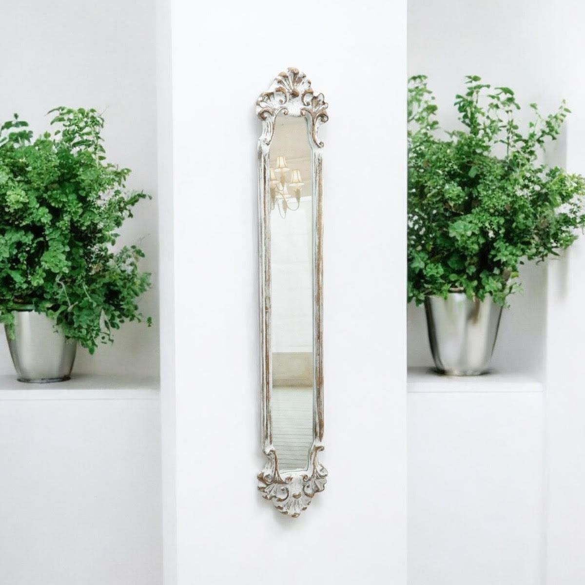 Narrow White Washed Wood Mirror 109cm H x 15cm W