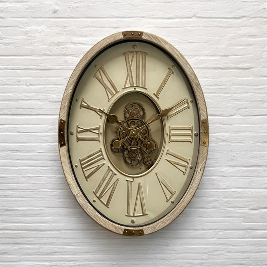 Oval Antique Style Cream, Gold and Wooden Gear Clock