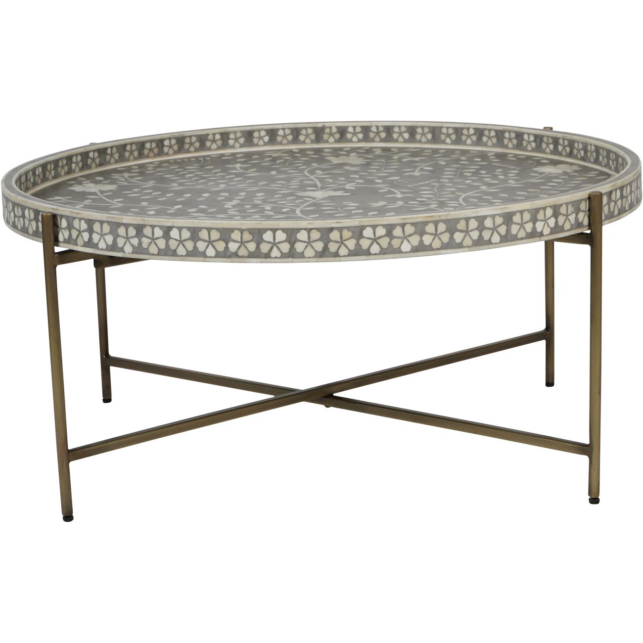 Round decorative table with a bone inlay floral pattern on a white background