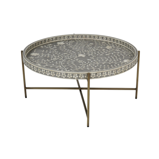 Round table with a bone inlay floral pattern design on a white background